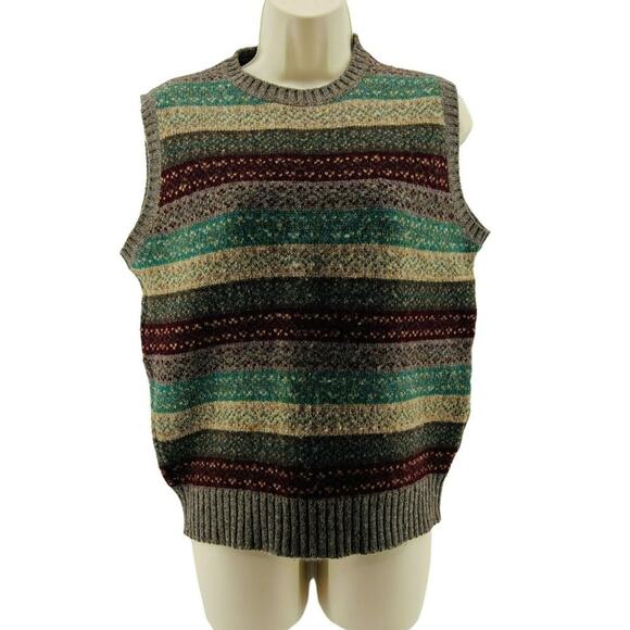 Vintage Lands End Women's Shetland Wool Multicolor Stripe Vest Brown Sweater M - Picture 1 of 6